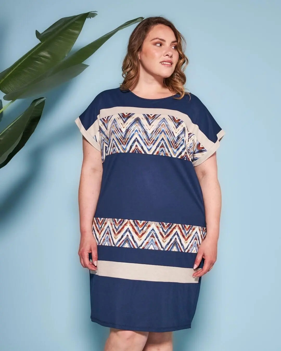 Abito dritto in misto viscosa con pannelli in jersey elasticizzato con fantasia multicolore e manich DENIM DORABELLA PIU'