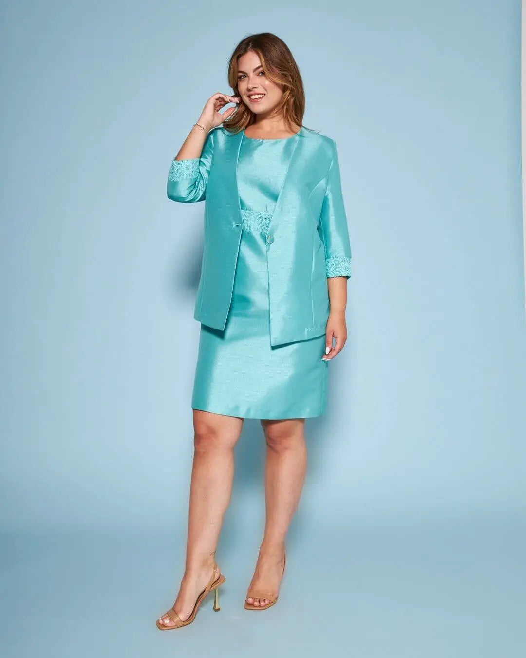 Abito giromanica a tubino in shantung con inserto in pizzo in vita ACQUA DORABELLA COUTURE