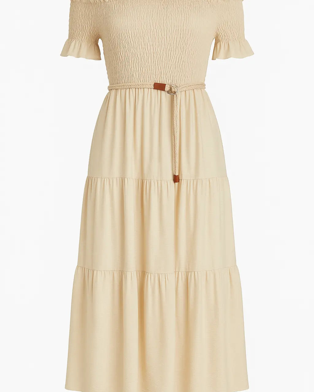 Abito in schiffer con balze e cintura in rafia Unica by Dorabella