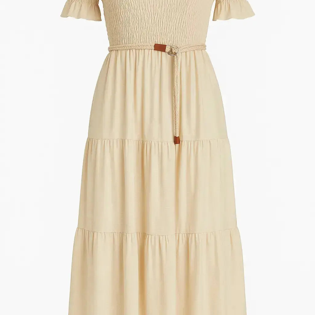 Abito in schiffer con balze e cintura in rafia Unica by Dorabella