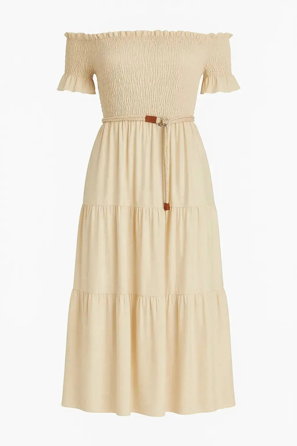 Abito in schiffer con balze e cintura in rafia Unica by Dorabella