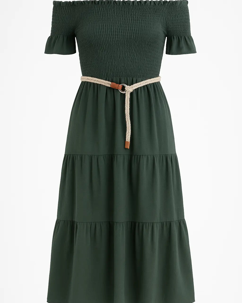 Abito in schiffer con balze e cintura in rafia Unica by Dorabella Militare-Taglia-unica-44-46-o-M-L