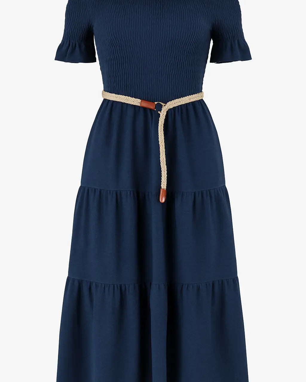 Abito in schiffer con balze e cintura in rafia Unica by Dorabella Deep-Blue-Navy-Taglia-unica-44-46-o-M-L