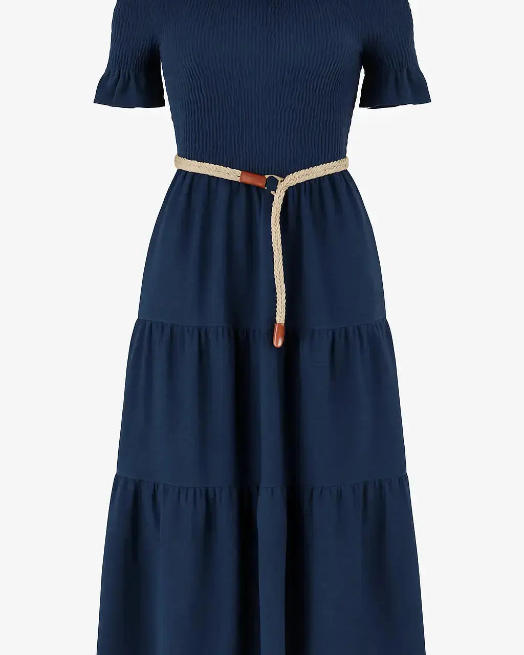 Abito in schiffer con balze e cintura in rafia Unica by Dorabella Deep-Blue-Navy-Taglia-unica-44-46-o-M-L