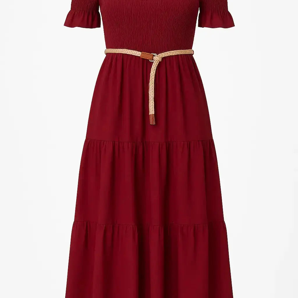 Abito in schiffer con balze e cintura in rafia Unica by Dorabella Burgundy-Taglia-unica-44-46-o-M-L