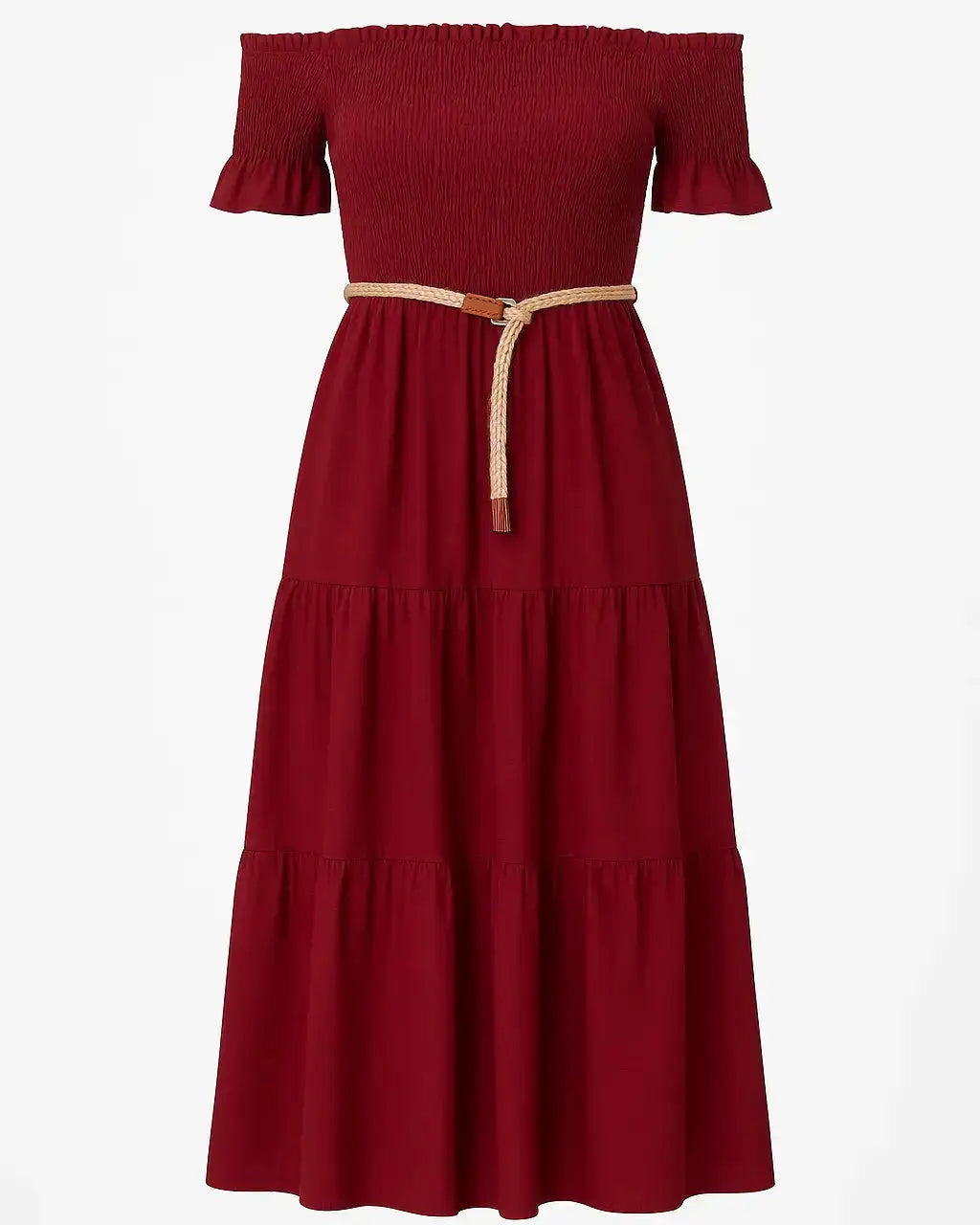 Abito in schiffer con balze e cintura in rafia Unica by Dorabella Burgundy-Taglia-unica-44-46-o-M-L
