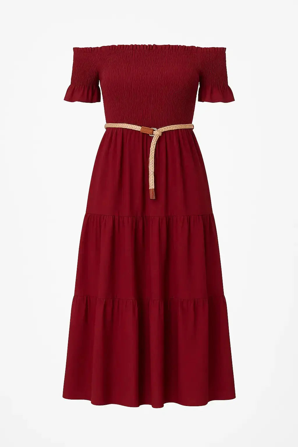 Abito in schiffer con balze e cintura in rafia Unica by Dorabella Burgundy-Taglia-unica-44-46-o-M-L