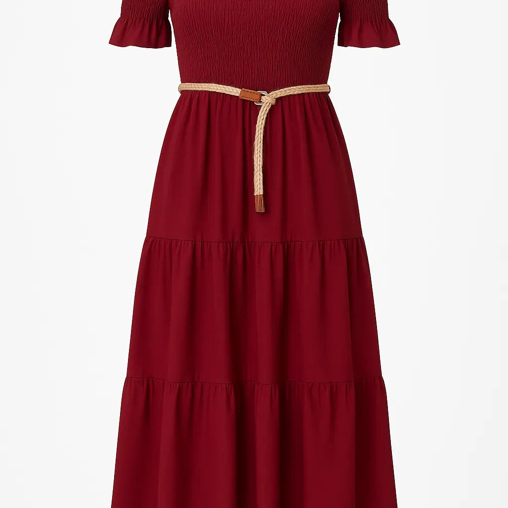 Abito in schiffer con balze e cintura in rafia Unica by Dorabella Burgundy-Taglia-unica-44-46-o-M-L