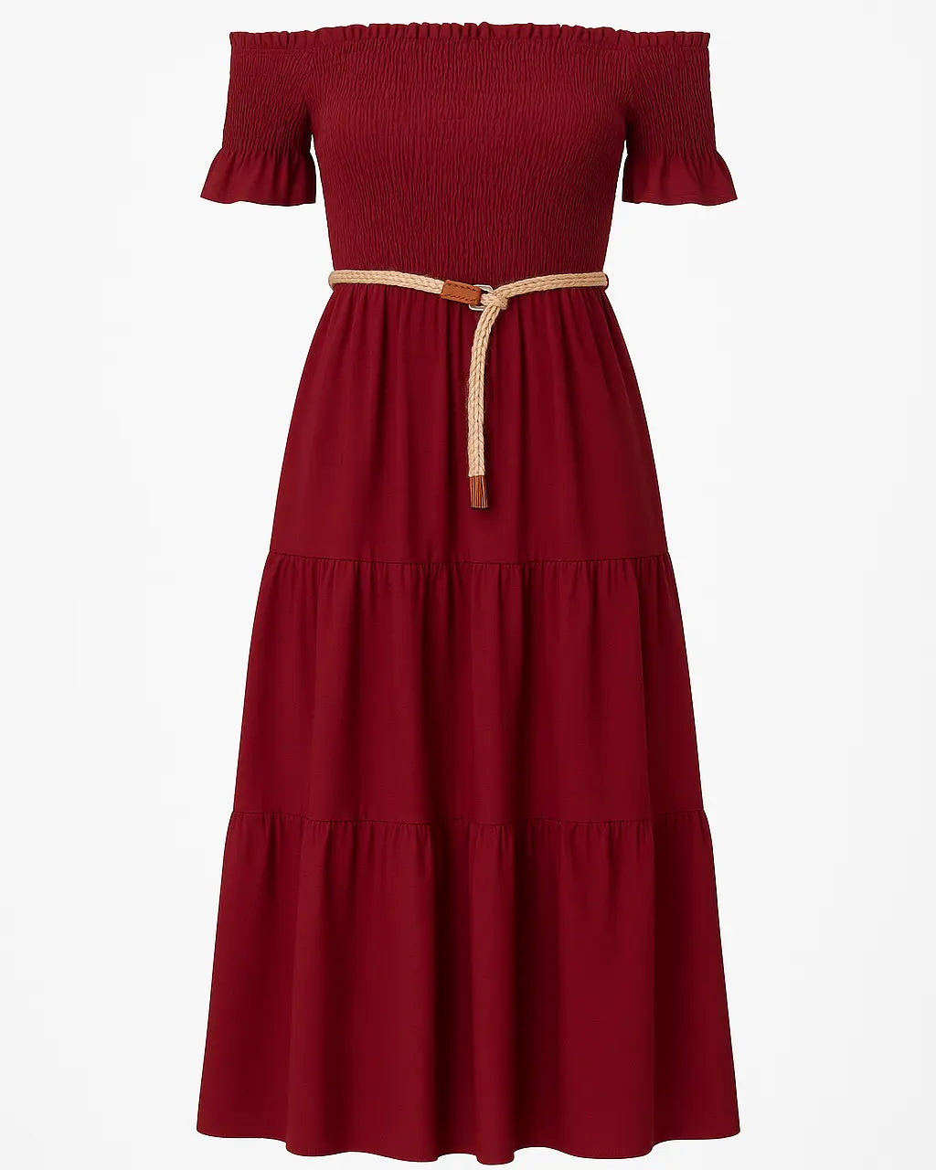 Abito in schiffer con balze e cintura in rafia Unica by Dorabella Burgundy-Taglia-unica-44-46-o-M-L