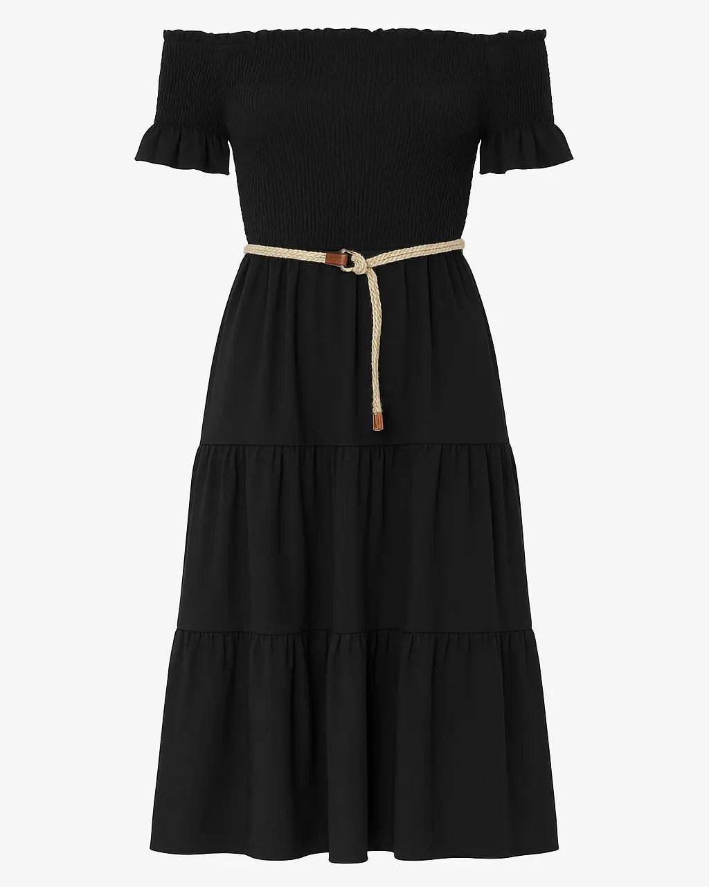 Abito in schiffer con balze e cintura in rafia Unica by Dorabella Nero-Taglia-unica-44-46-o-M-L