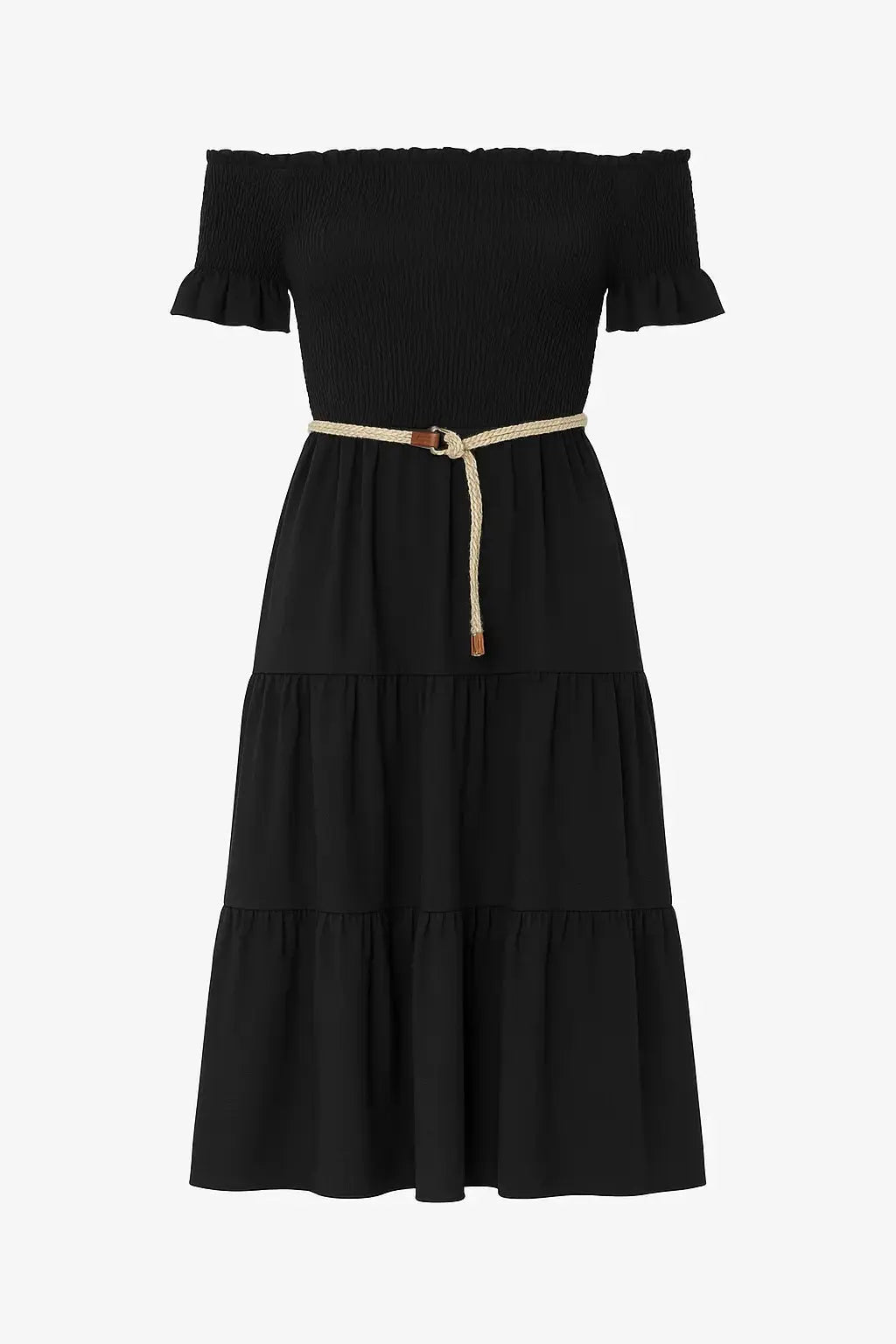 Abito in schiffer con balze e cintura in rafia Unica by Dorabella Nero-Taglia-unica-44-46-o-M-L