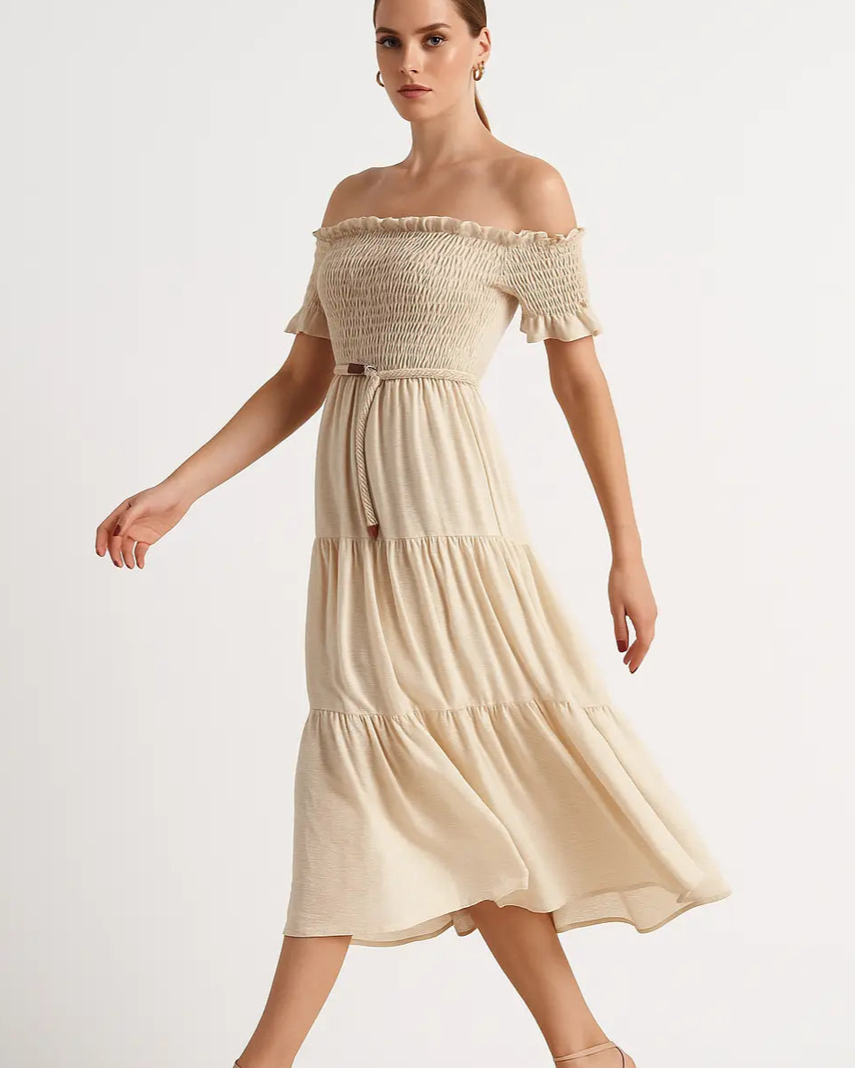 Abito in schiffer con balze e cintura in rafia Unica by Dorabella