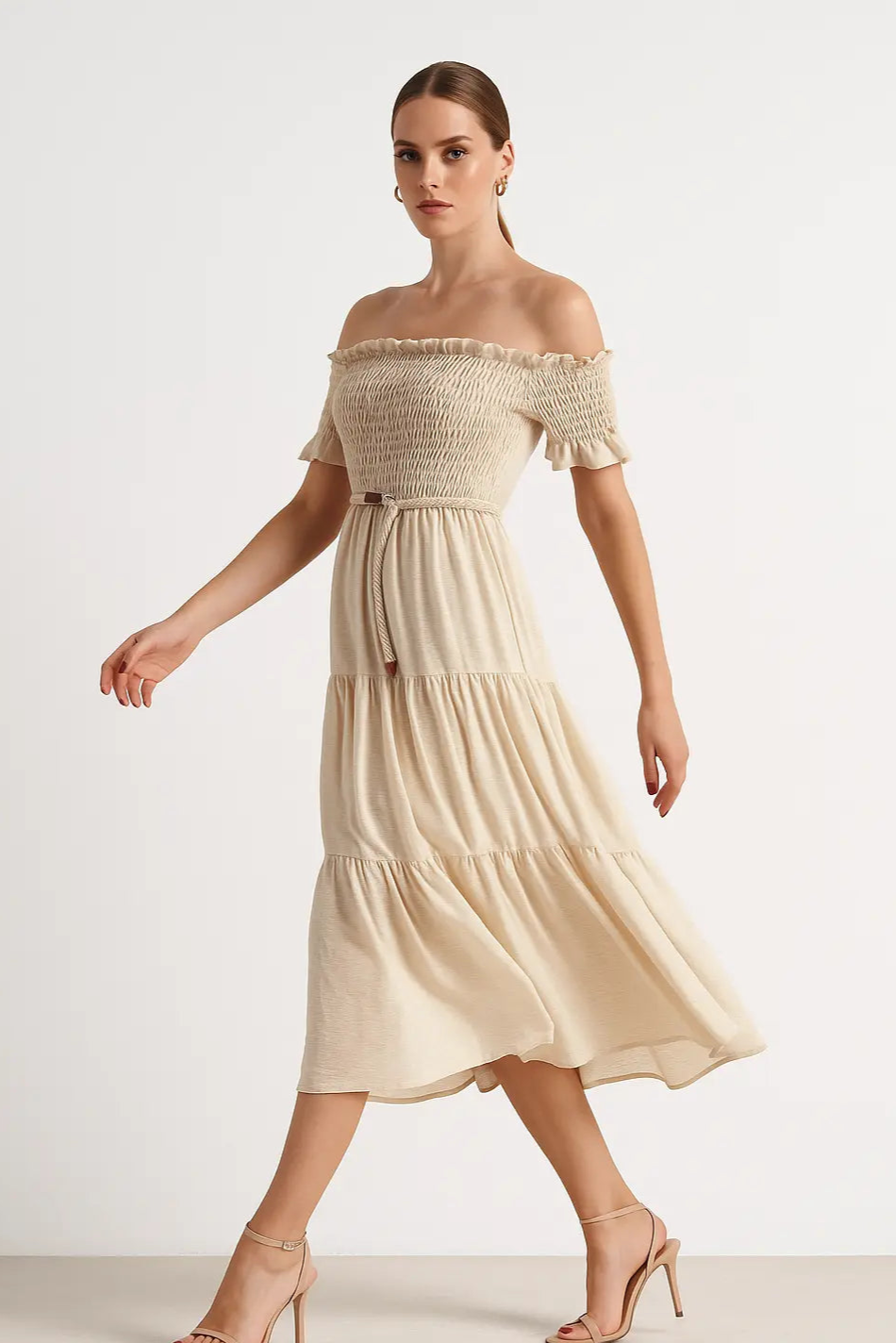 Abito in schiffer con balze e cintura in rafia Unica by Dorabella