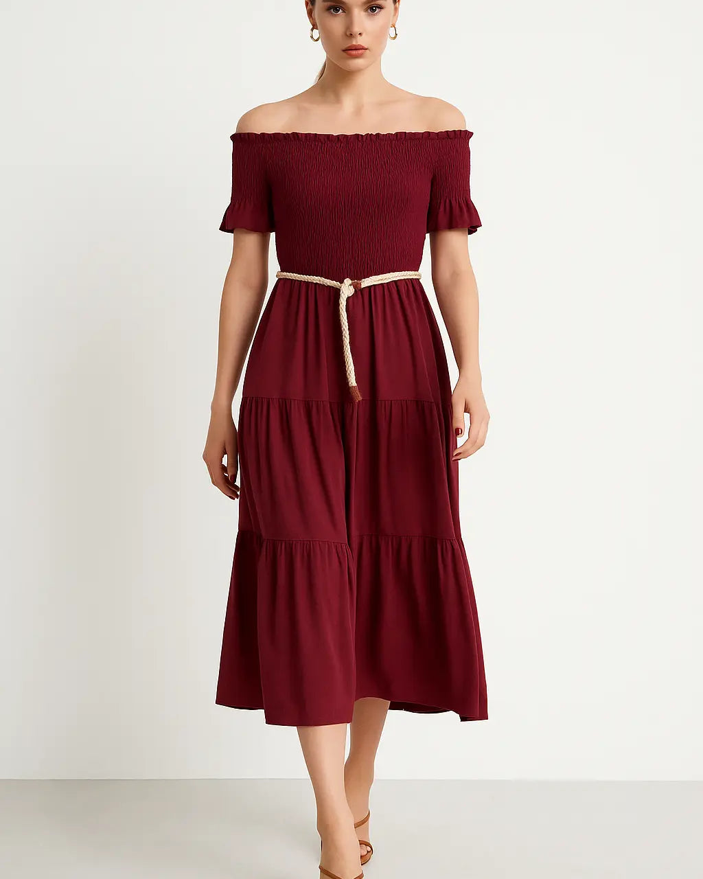 Abito in schiffer con balze e cintura in rafia Unica by Dorabella