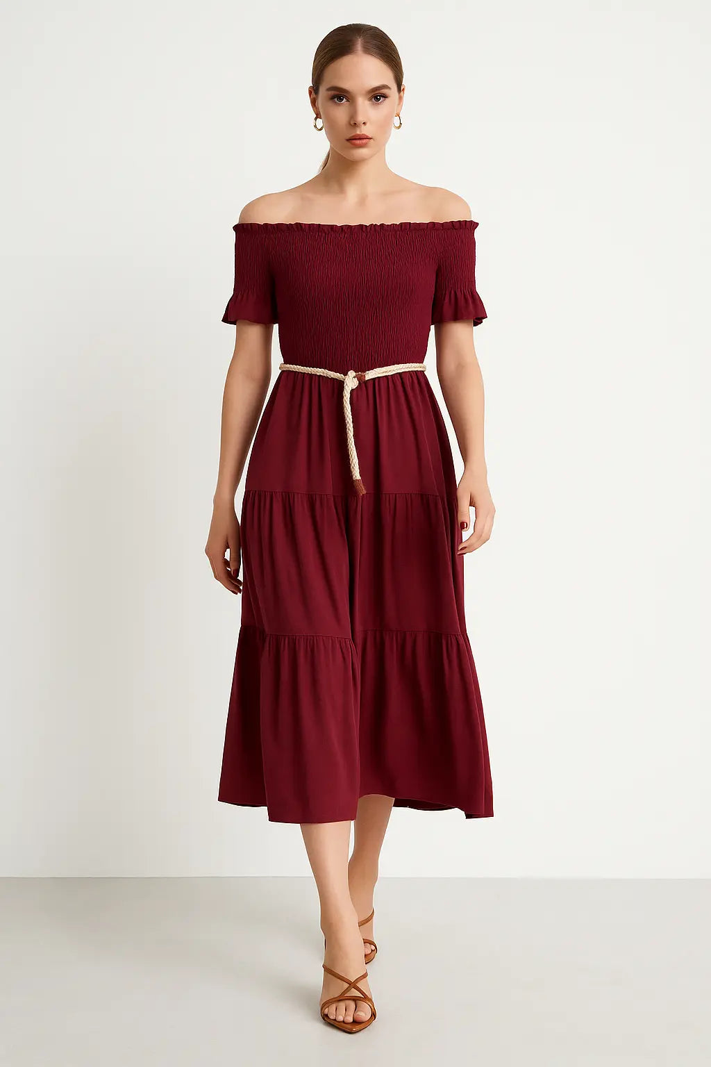 Abito in schiffer con balze e cintura in rafia Unica by Dorabella