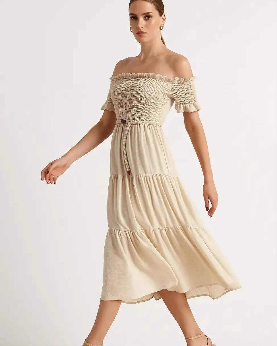 Abito in schiffer con balze e cintura in rafia Unica by Dorabella