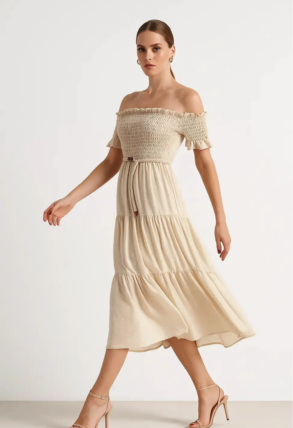 Abito in schiffer con balze e cintura in rafia Unica by Dorabella