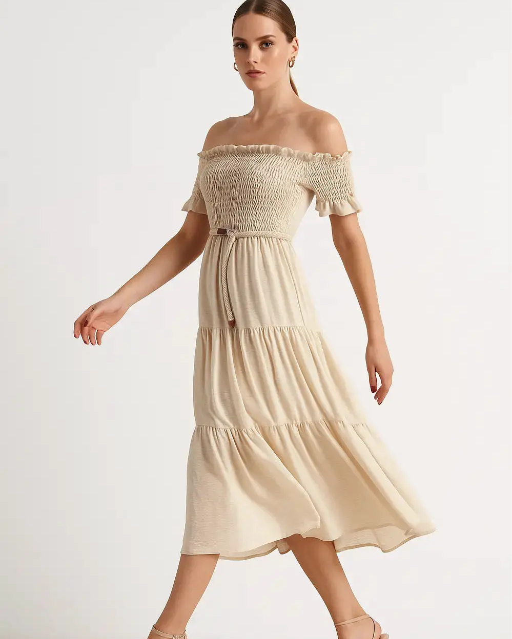 Abito in schiffer con balze e cintura in rafia Unica by Dorabella