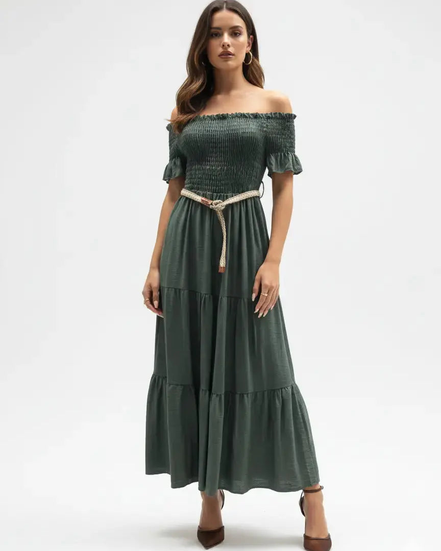 Abito in schiffer con balze e cintura in rafia Unica by Dorabella