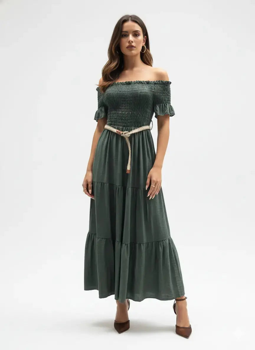 Abito in schiffer con balze e cintura in rafia Unica by Dorabella