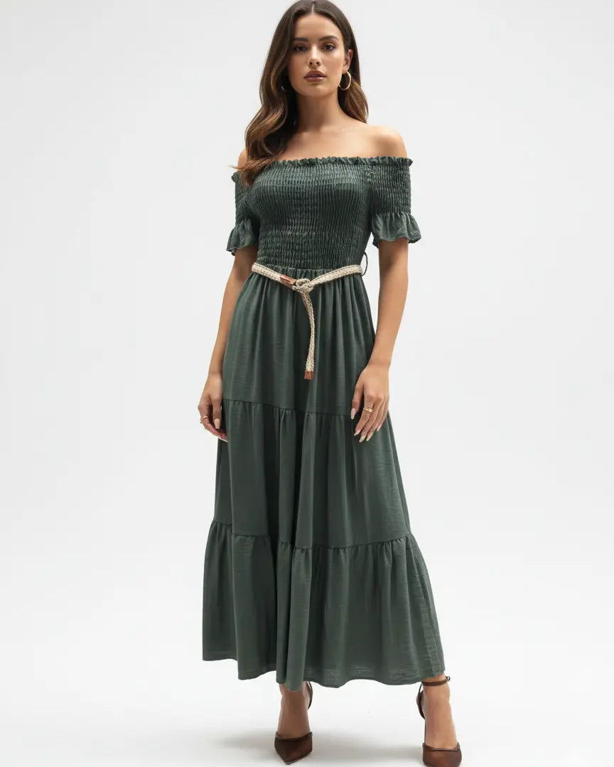 Abito in schiffer con balze e cintura in rafia Unica by Dorabella