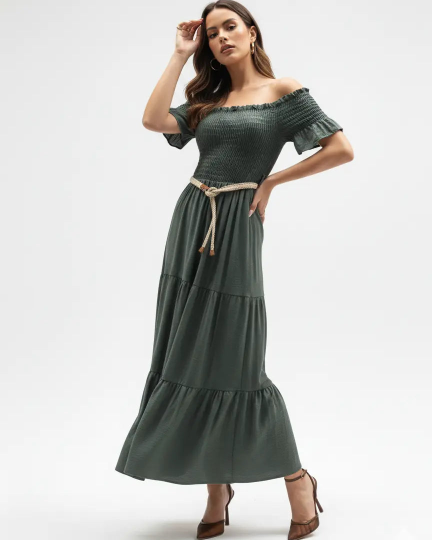 Abito in schiffer con balze e cintura in rafia Unica by Dorabella