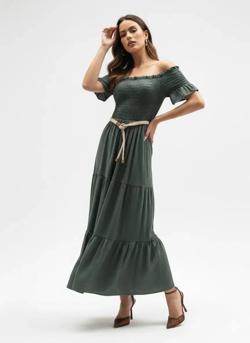 Abito in schiffer con balze e cintura in rafia Unica by Dorabella