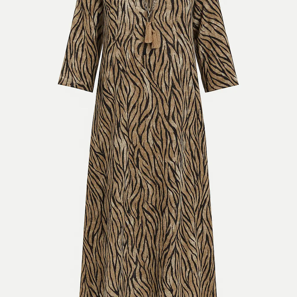 Abito lungo a fantasia lurex con passamaneria, laccetti e nappine allo scollo DORABELLA