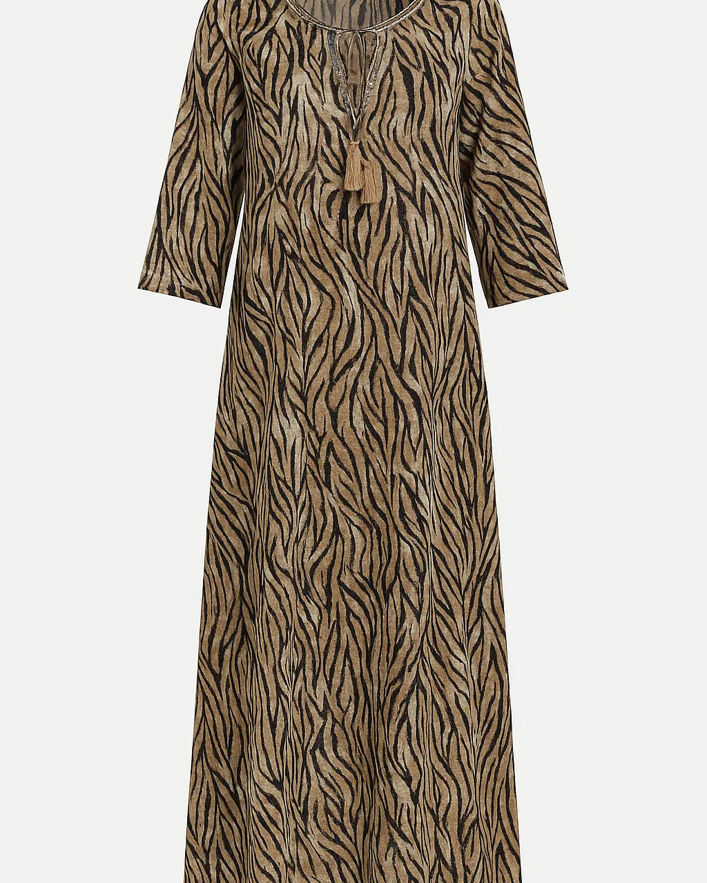 Abito lungo a fantasia lurex con passamaneria, laccetti e nappine allo scollo DORABELLA