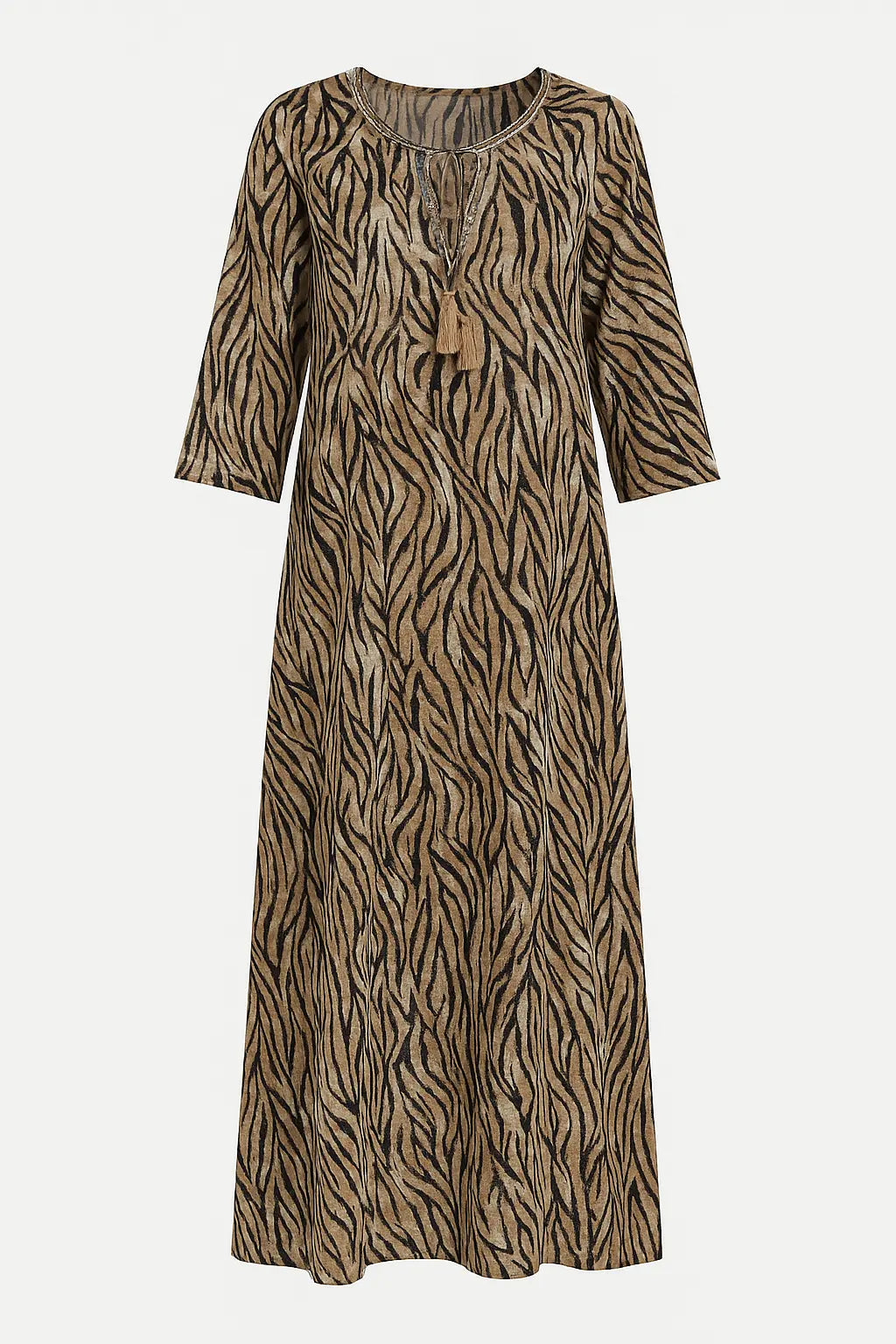 Abito lungo a fantasia lurex con passamaneria, laccetti e nappine allo scollo DORABELLA