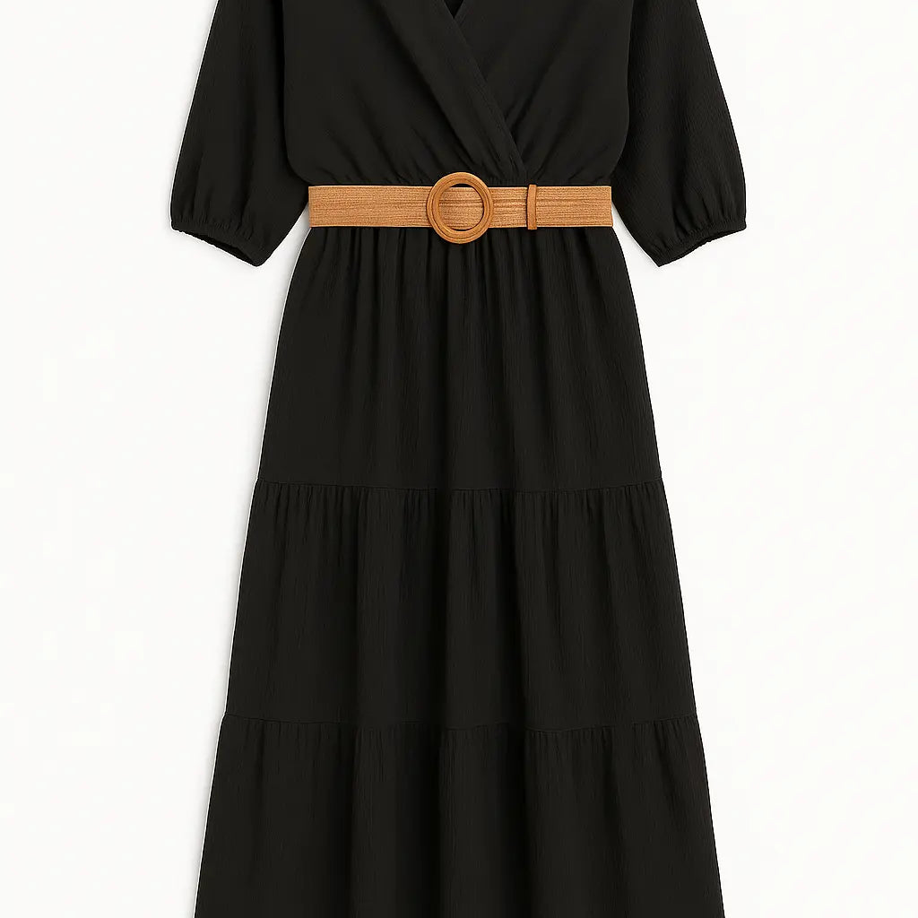 Abito lungo con balze, scollo incrociato, cintura elastica e maniche a tre quarti Unica by Dorabella