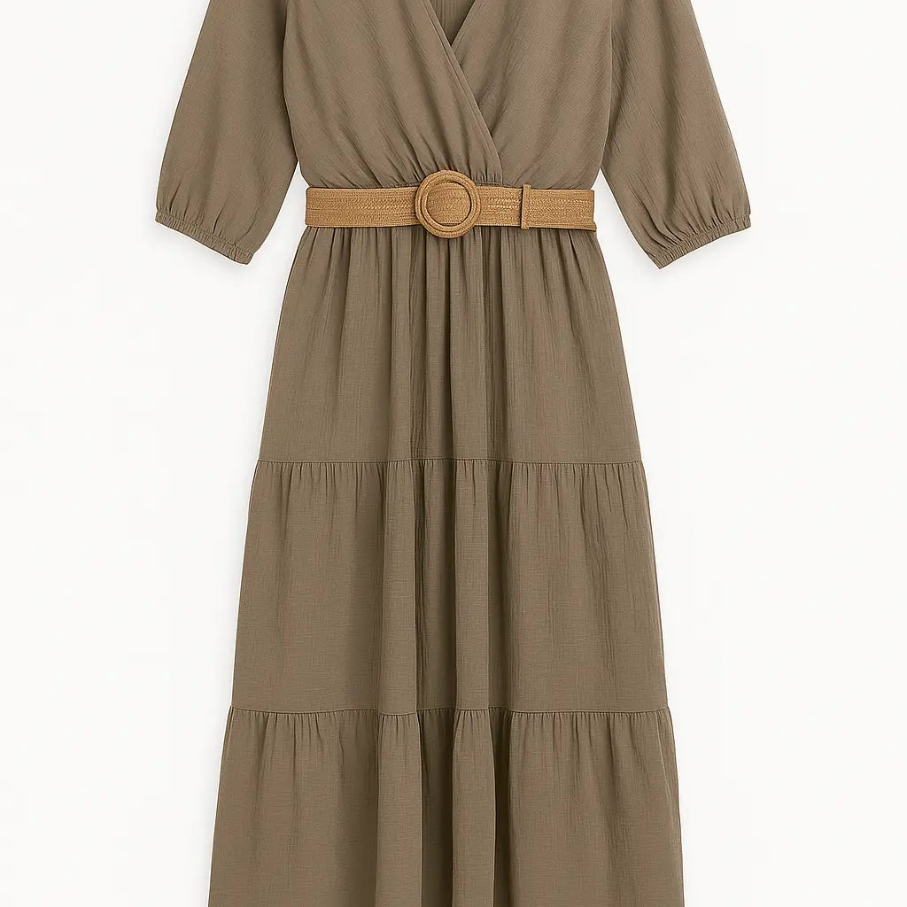 Abito lungo con balze, scollo incrociato, cintura elastica e maniche a tre quarti Unica by Dorabella