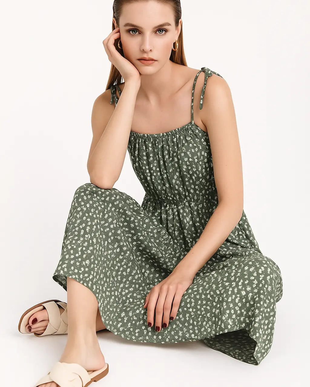 Abito lungo con bretelline allacciate in tessuto stampato DORABELLA