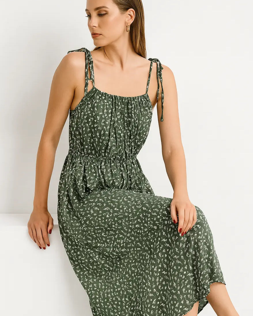 Abito lungo con bretelline allacciate in tessuto stampato DORABELLA