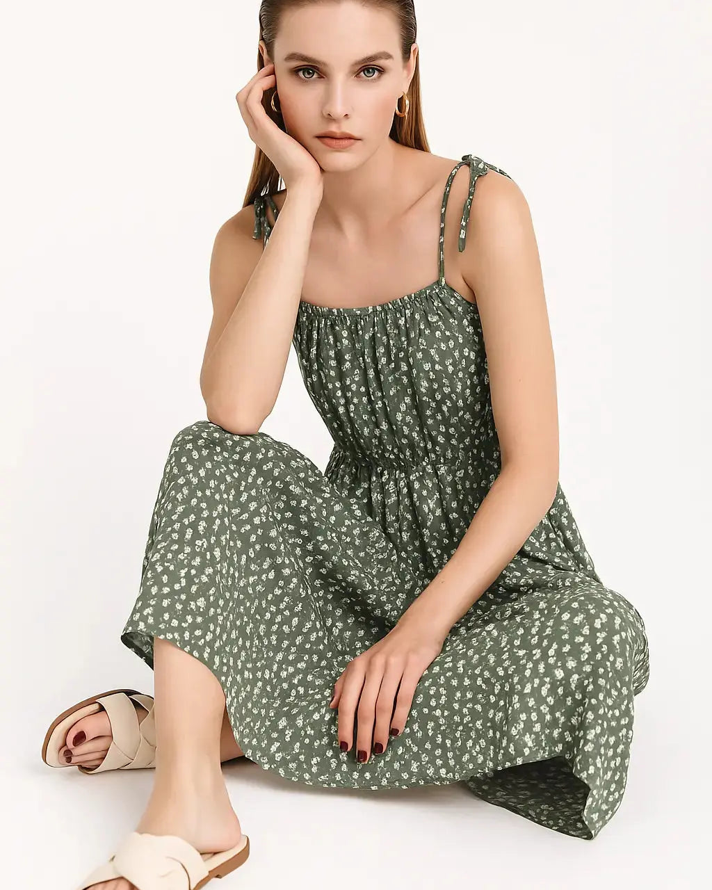 Abito lungo con bretelline allacciate in tessuto stampato DORABELLA