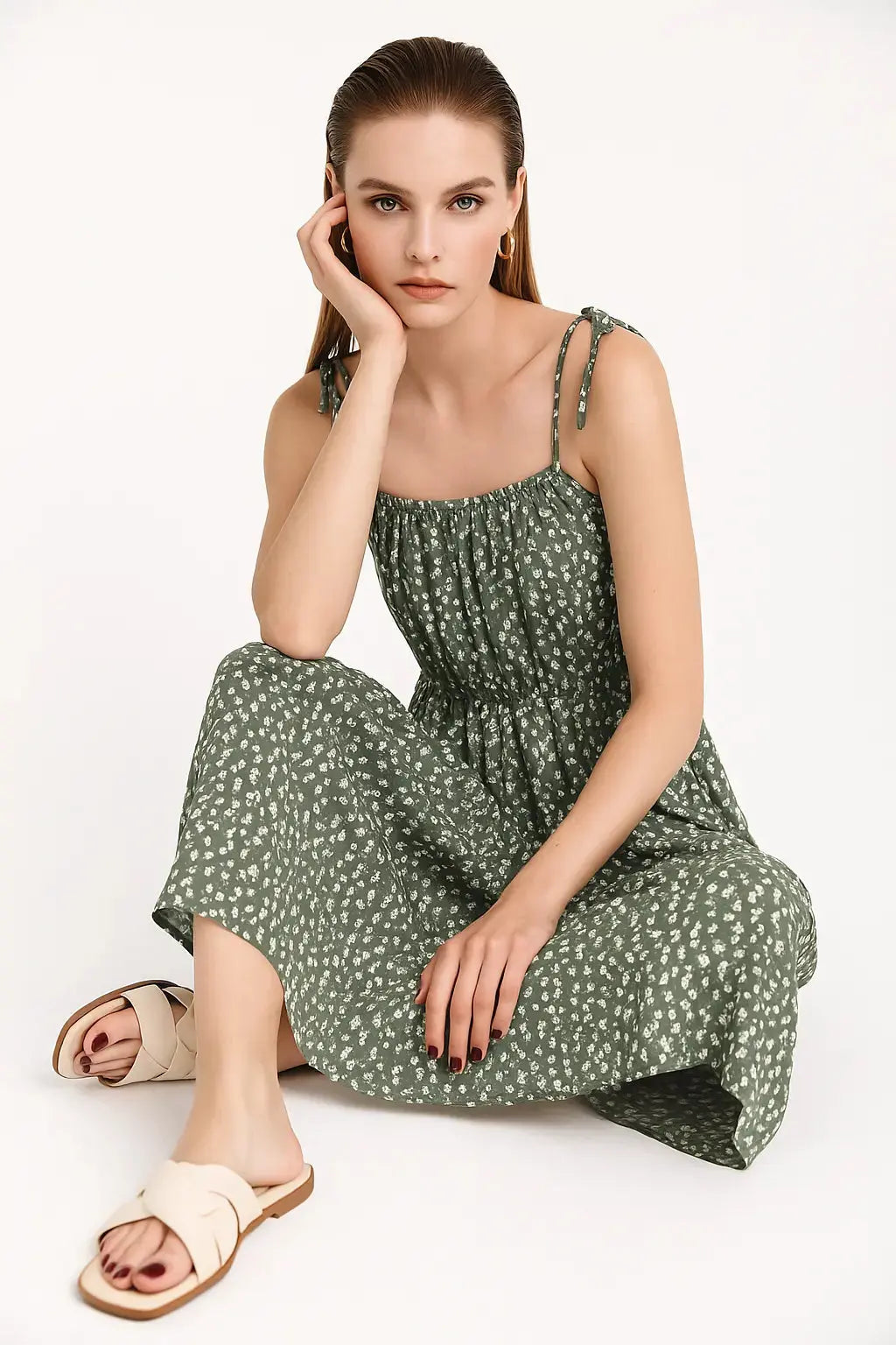 Abito lungo con bretelline allacciate in tessuto stampato DORABELLA