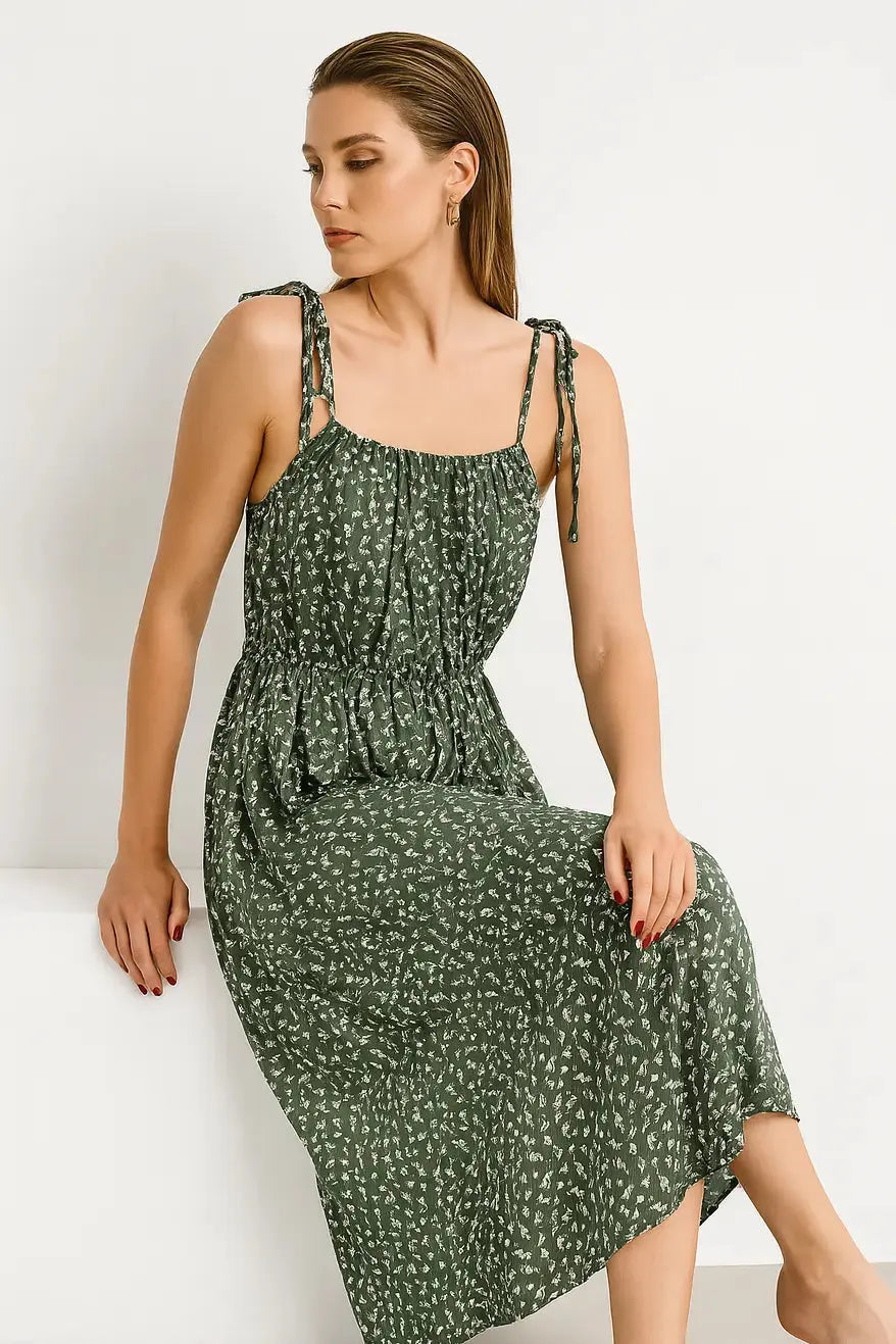 Abito lungo con bretelline allacciate in tessuto stampato DORABELLA