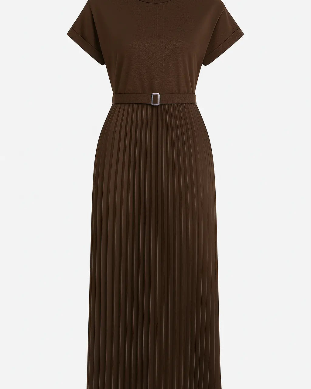 Abito lungo con cintura e gonna plissè Unica by Dorabella Marrone-Taglia-unica-44-46-o-M-L