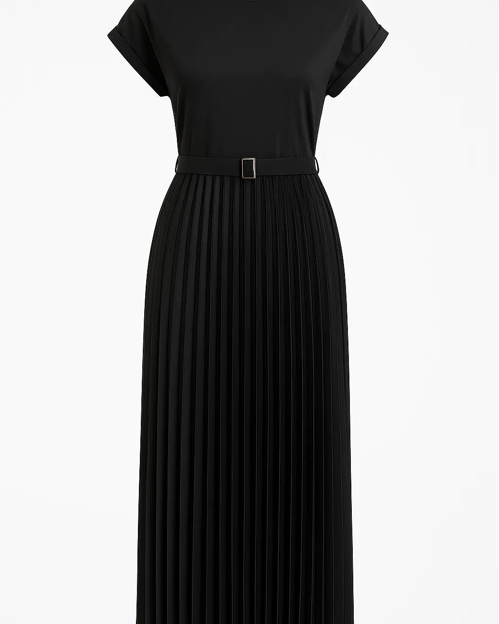 Abito lungo con cintura e gonna plissè Unica by Dorabella Nero-Taglia-unica-44-46-o-M-L