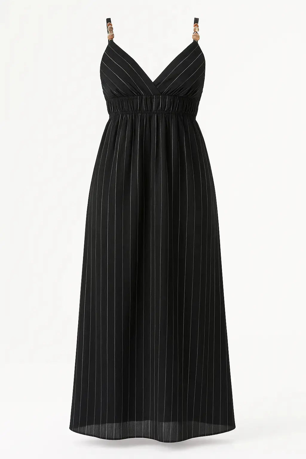 Abito lungo gessato con spalline regolabili e dettaglio con pietre Unica by Dorabella