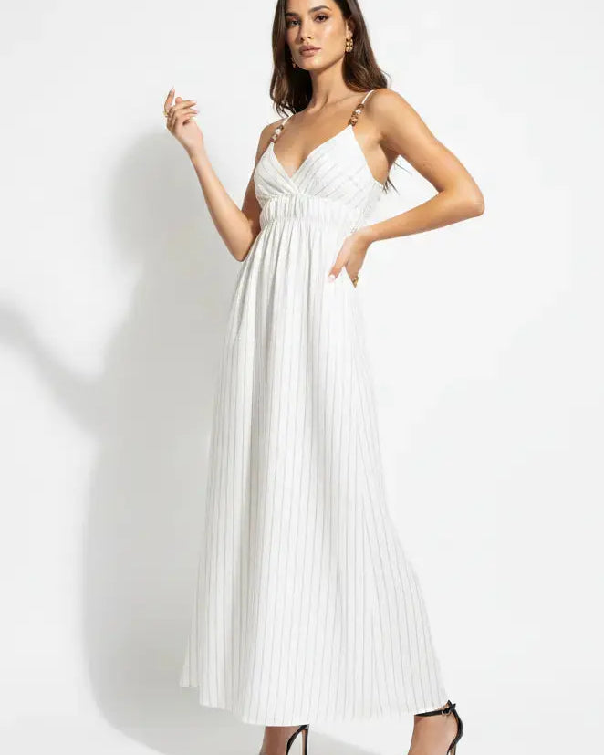 Abito lungo gessato con spalline regolabili e dettaglio con pietre Unica by Dorabella