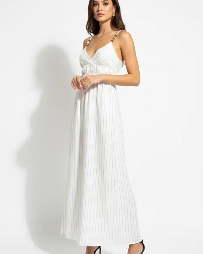 Abito lungo gessato con spalline regolabili e dettaglio con pietre Unica by Dorabella