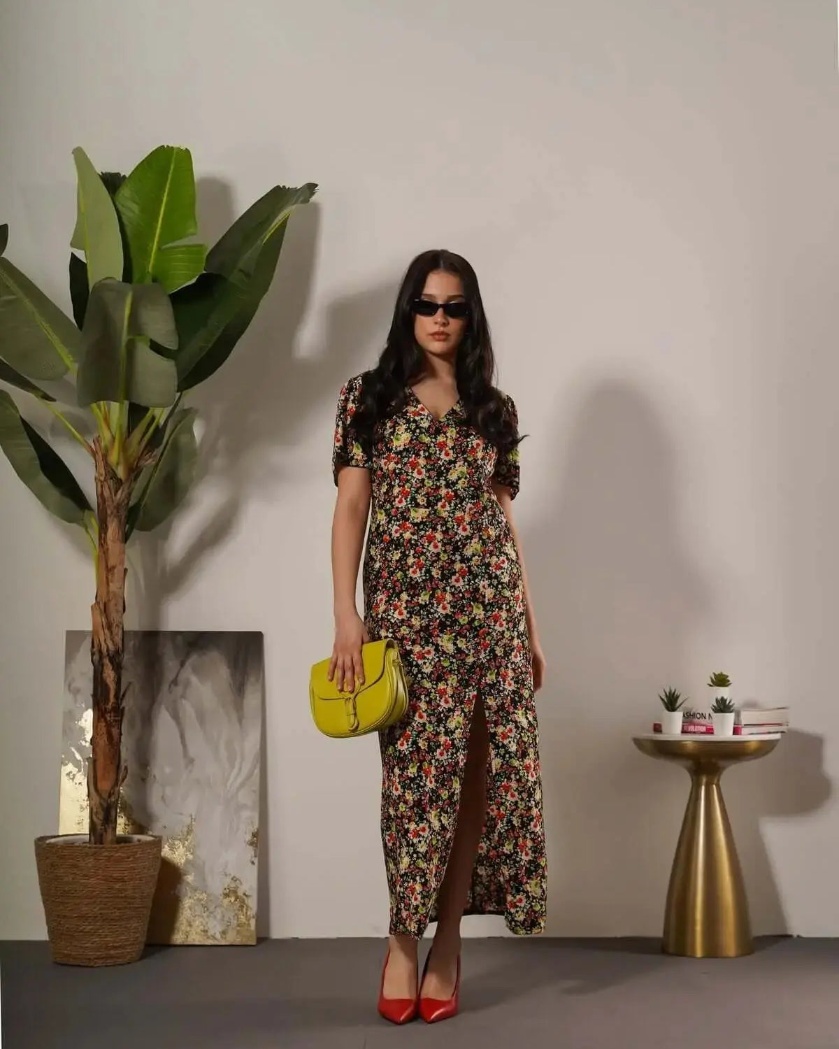 Abito lungo in fantasia floreale con spacco ROSSO DORABELLA