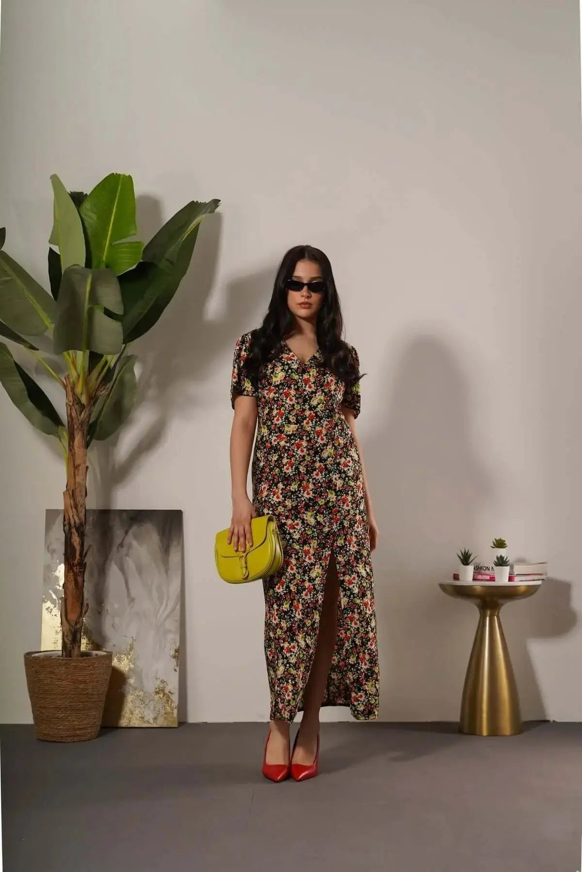 Abito lungo in fantasia floreale con spacco ROSSO DORABELLA