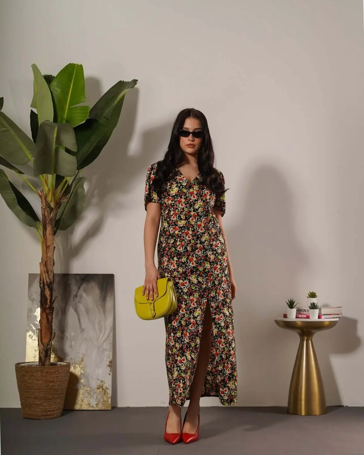 Abito lungo in fantasia floreale con spacco ROSSO DORABELLA