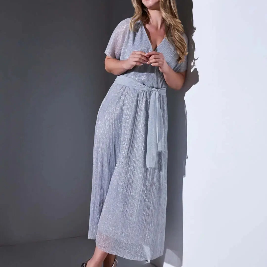 Abito lungo in tessuto lurex con fusciacca in vita. ARGENTO DORABELLA XXL