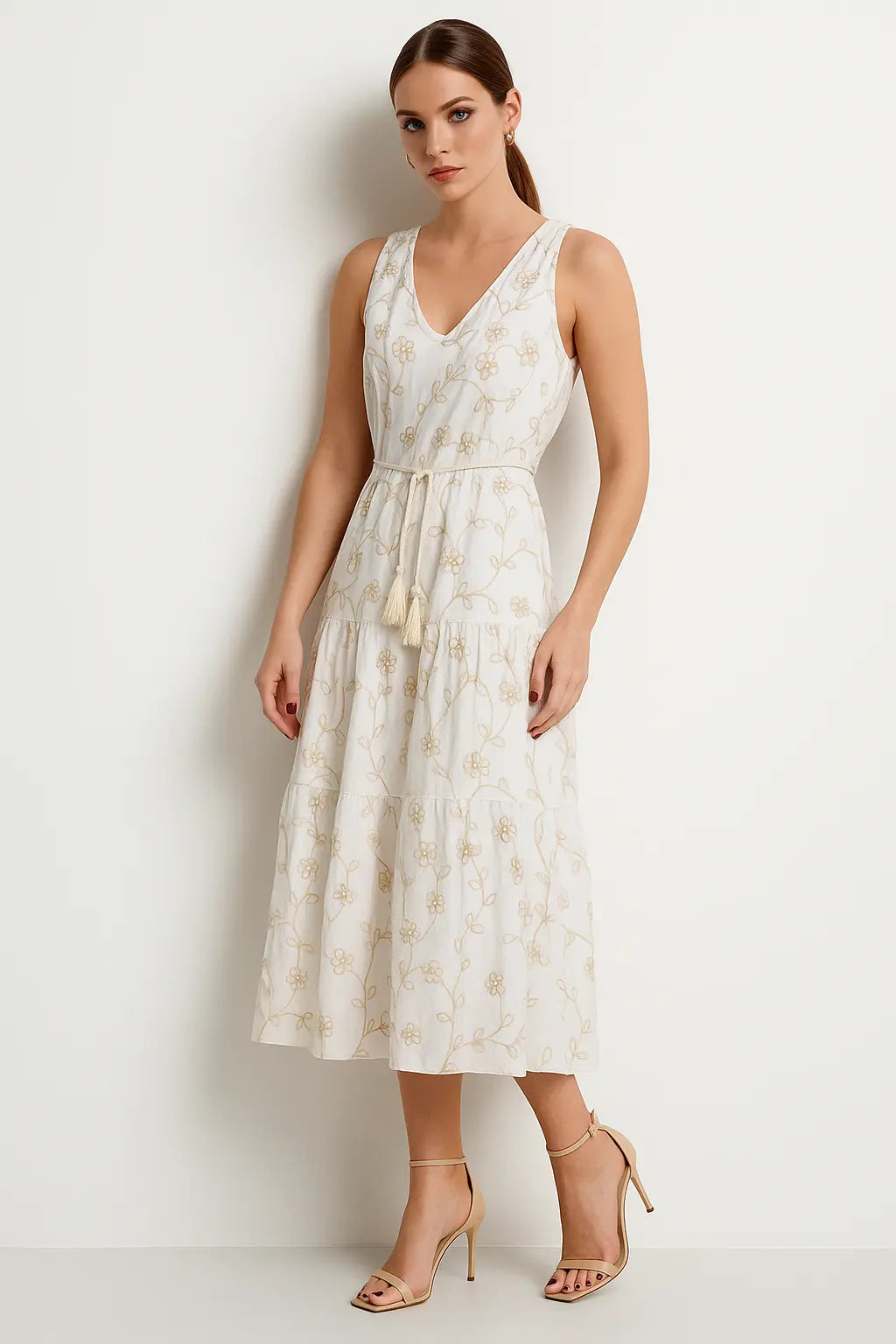 Abito lungo scollo a V in tessuto ricamato e cinturina in corda DORABELLA