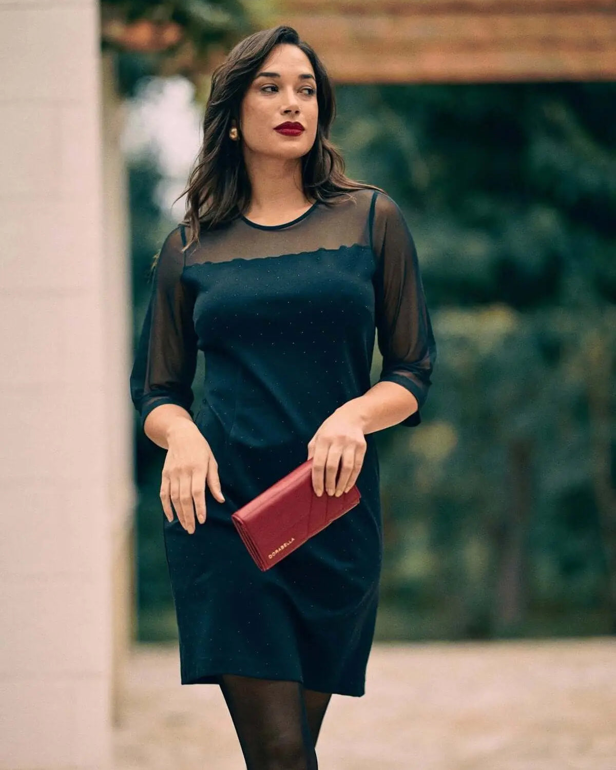 Abito midi con dettagli strass ed inserti in microrete NERO DORABELLA