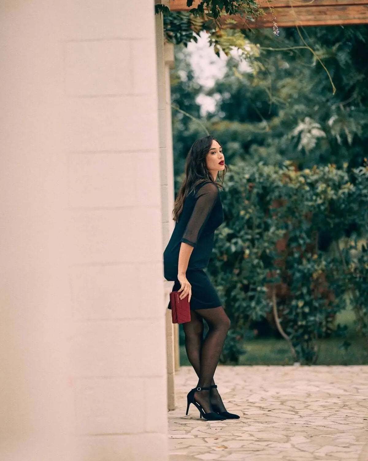 Abito midi con dettagli strass ed inserti in microrete NERO DORABELLA