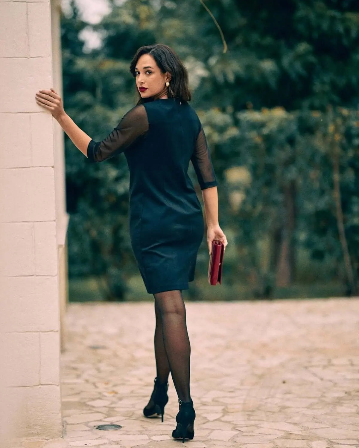 Abito midi con dettagli strass ed inserti in microrete NERO DORABELLA